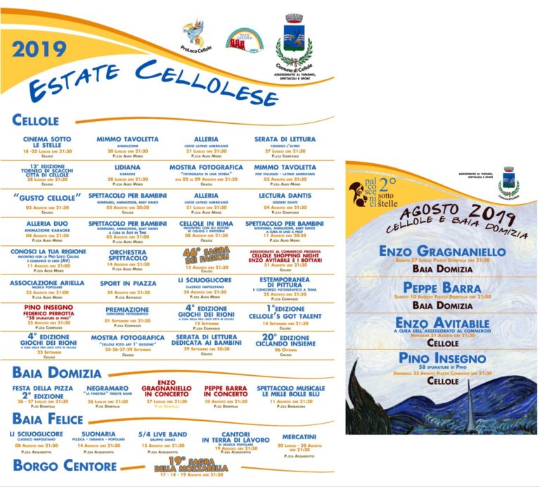 CELLOLE E FRAZIONI- IL PROGRAMMA DEGLI EVENTI ESTIVI 2019 #BaiaDomizia #BaiaFelice #BorgoCentore