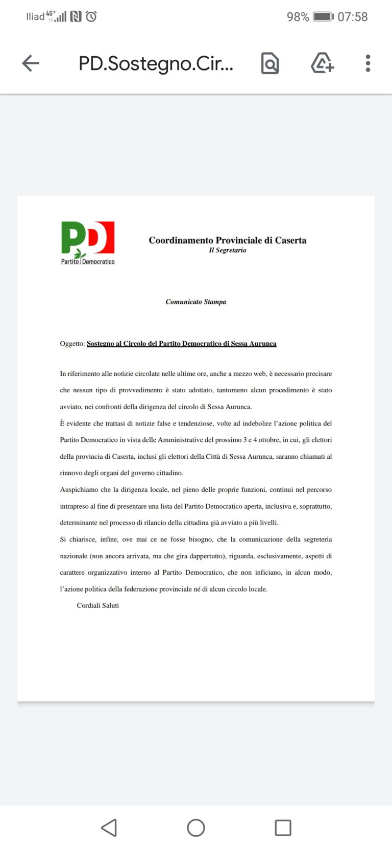 Sessa A.- Elezioni, sostegno al circolo PD