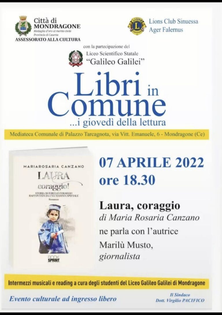 Mondragone- “Libri in Comune… i giovedì della lettura” con ‘Laura, Coraggio’ il 7 aprile.