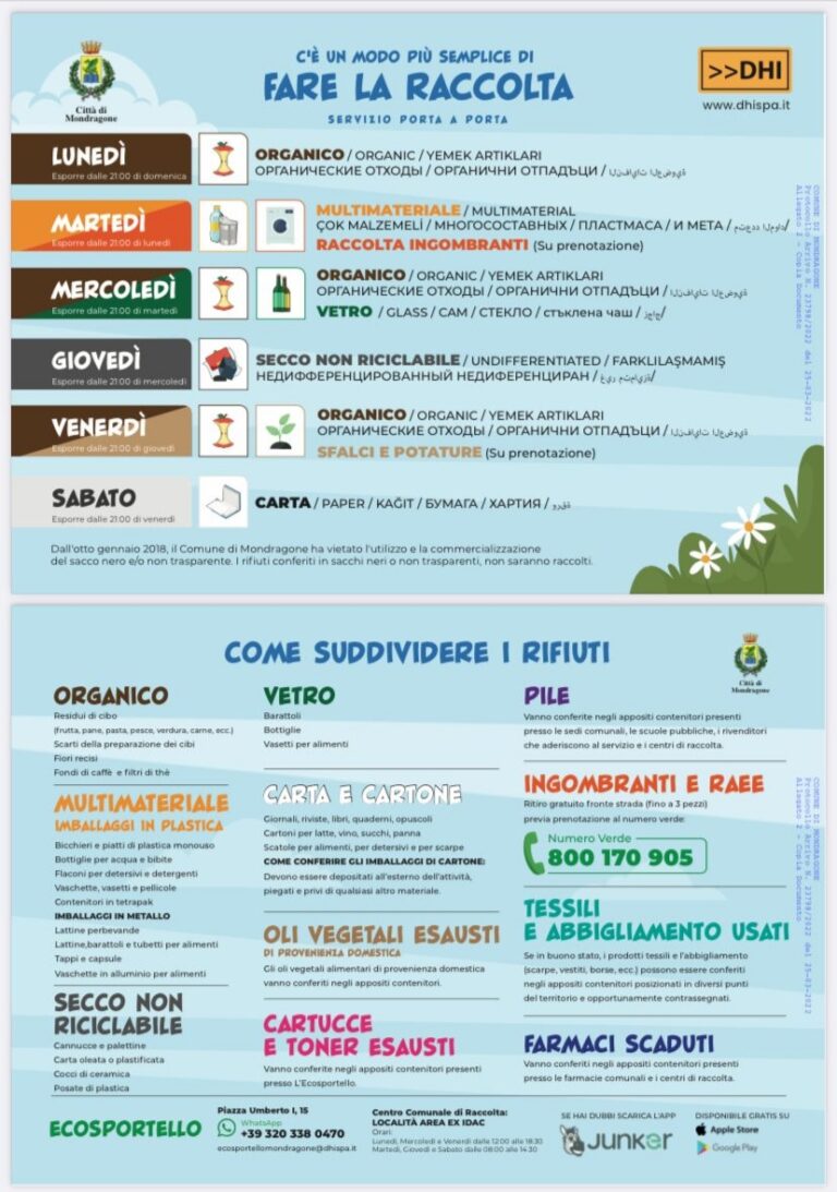 Mondragone. Raccolta differenziata: ecco il nuovo calendario.