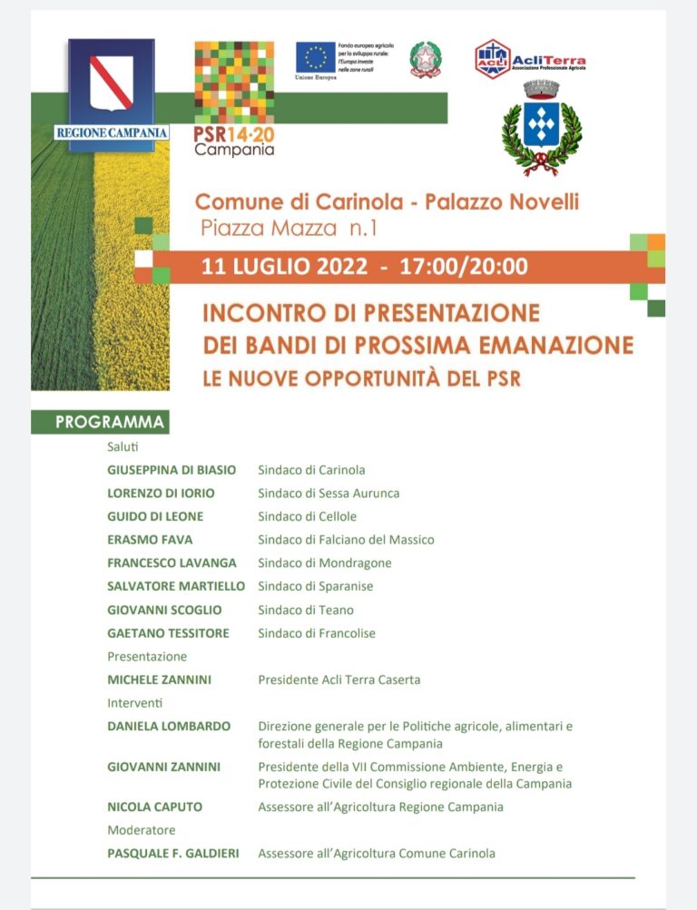 Carinola- Incontro di presentazione dei nuovi bandi: le nuove opportunità del PSR